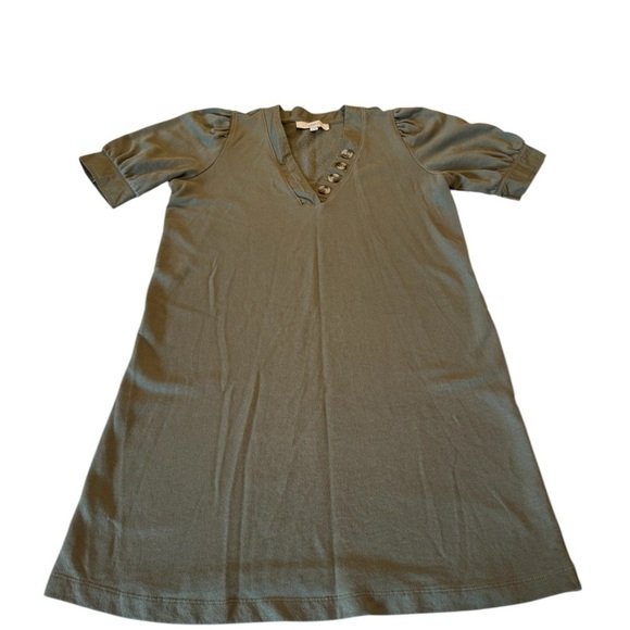 LOFT Olive Green Puff Sleeve Split Neck Sweatshirt Knee Length Dress Size Medium - Picture 15 of 16